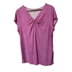 Liz Claiborne Woman’s Shirt Size 1X Pink And White Short Cap Sleeve V Neck